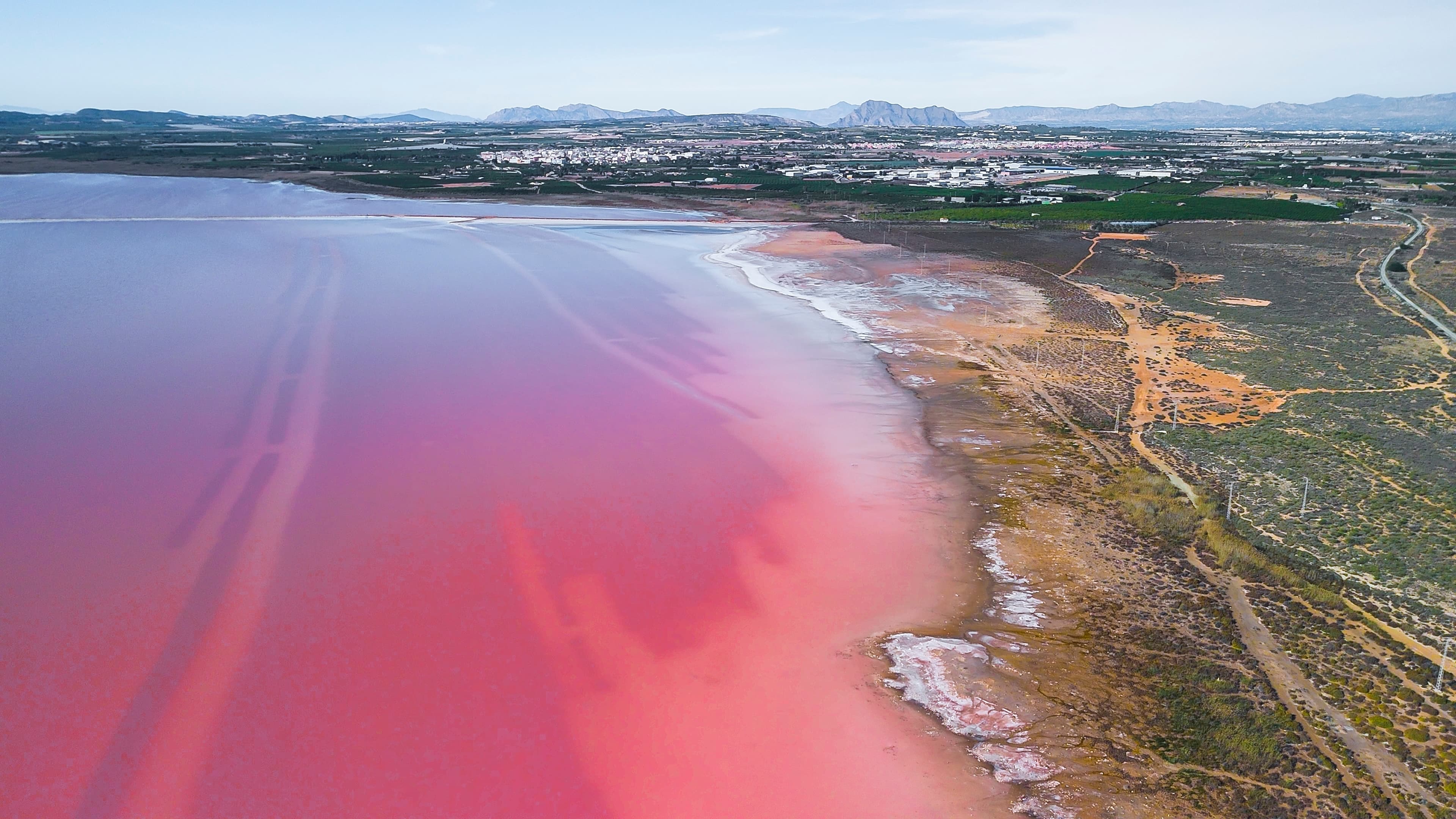 Vista aérea de una laguna salada de color rosa