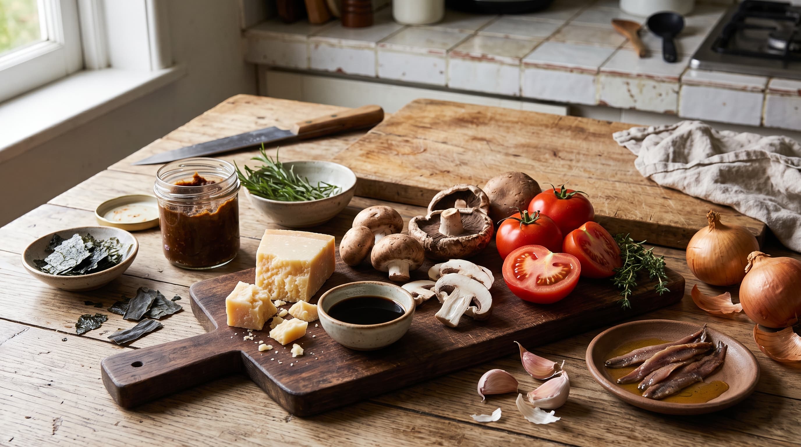 Alimentos ricos en umami, como tomate, setas, queso curado, algas y salsa de soja