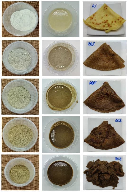Muestras de creps elaboradas con distintos porcentajes de harina de semilla de salicornia