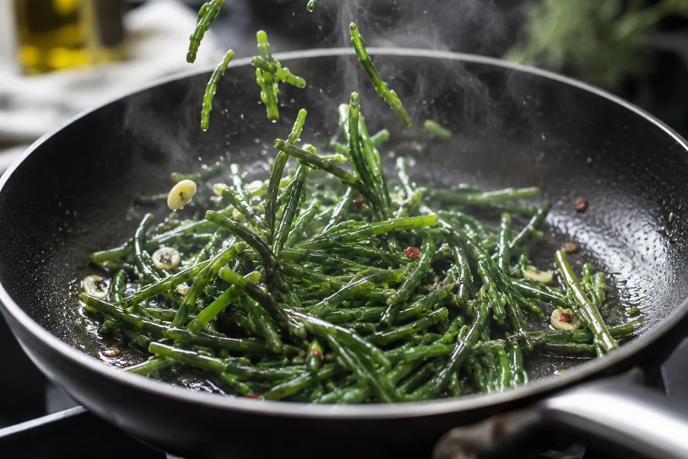 Salicornia salteándose en una sartén