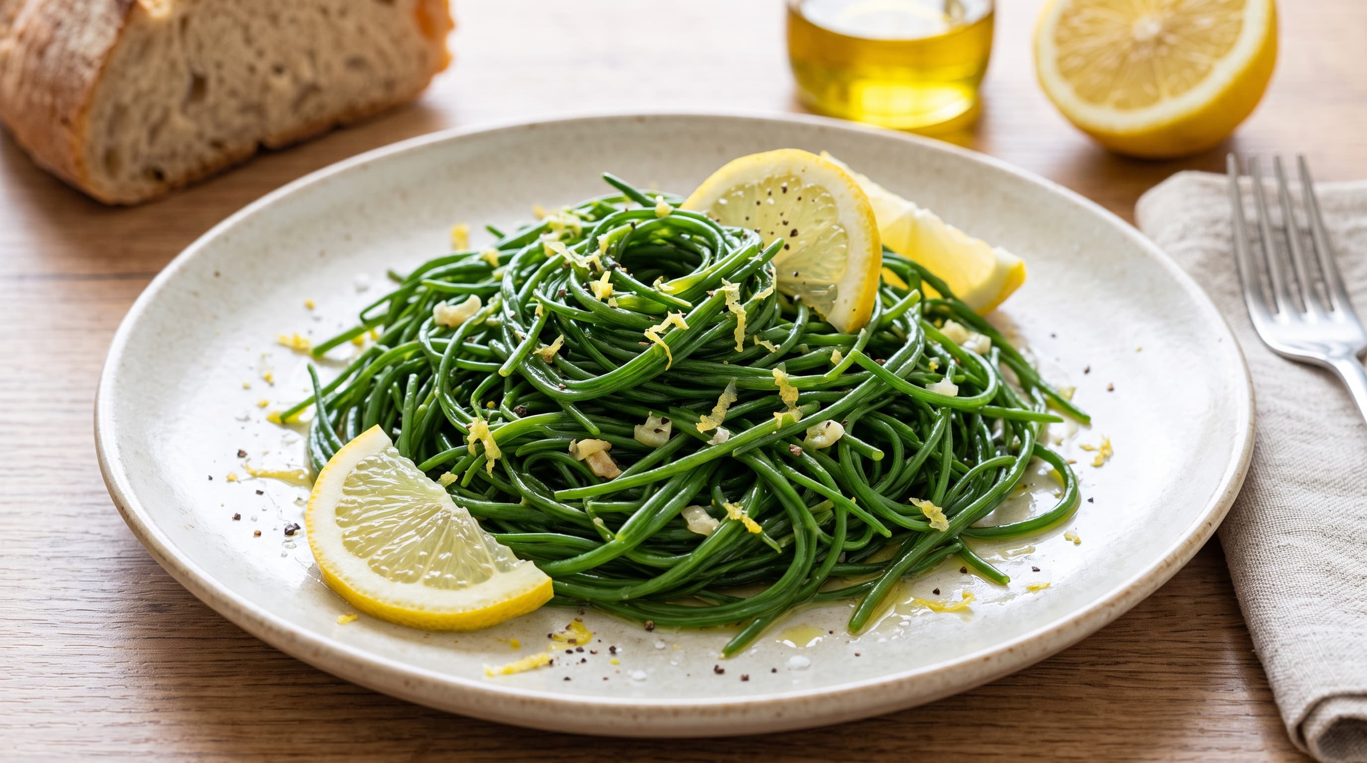 Agretti al limón servido con rodajas y ralladura de limón