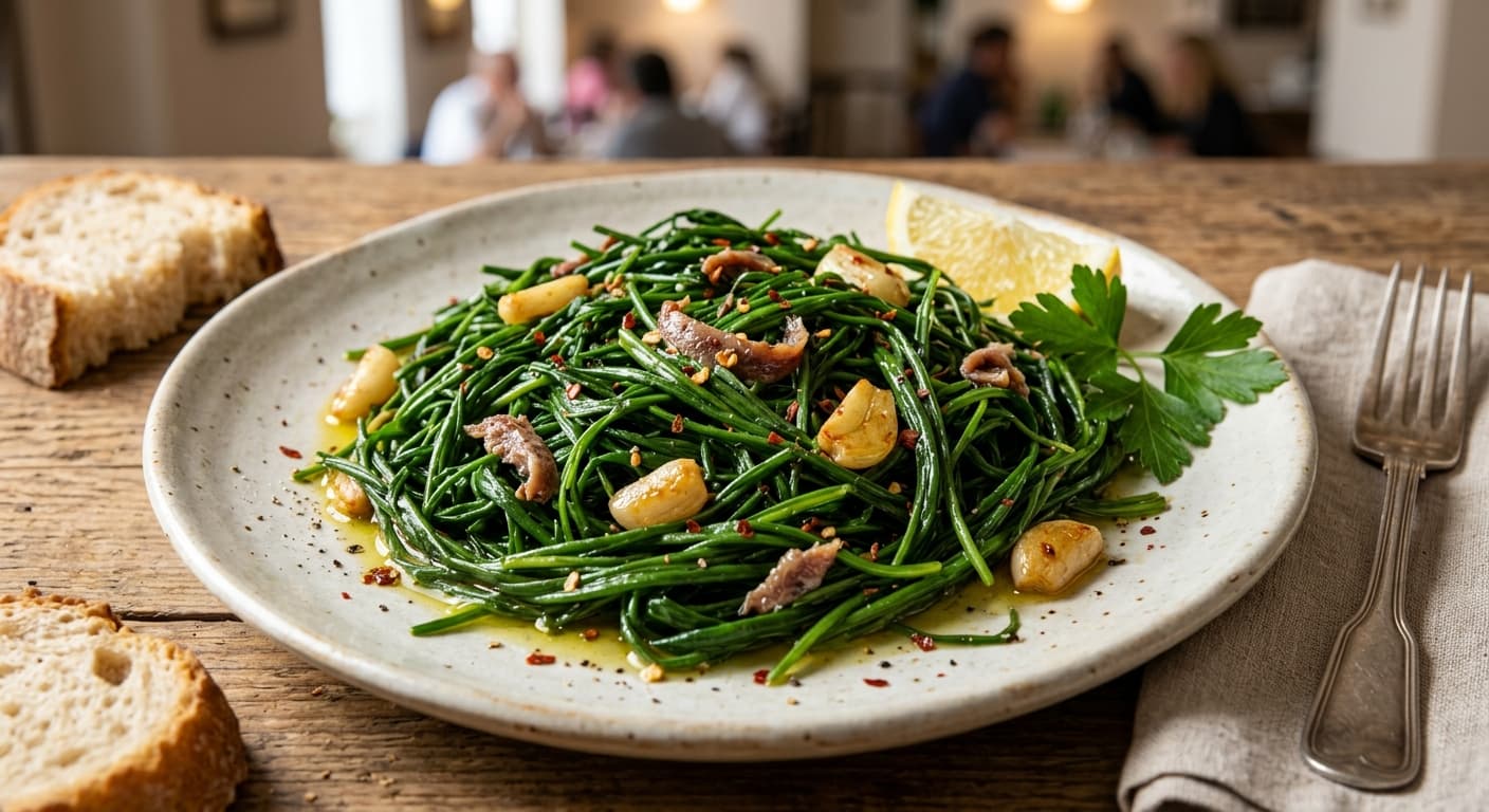 Agretti salteados con anchoas y ajo