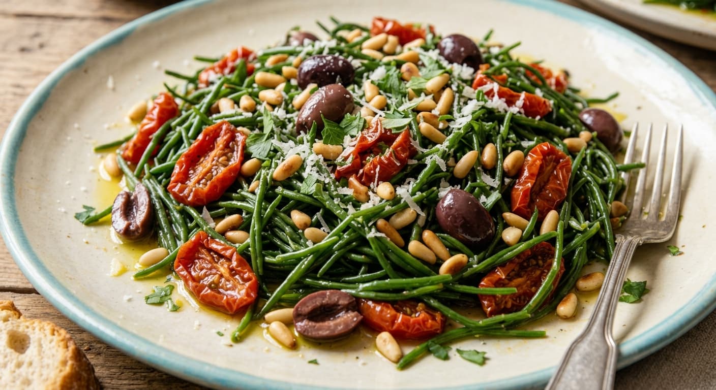Agretti con tomates semisecos, aceitunas y piñones