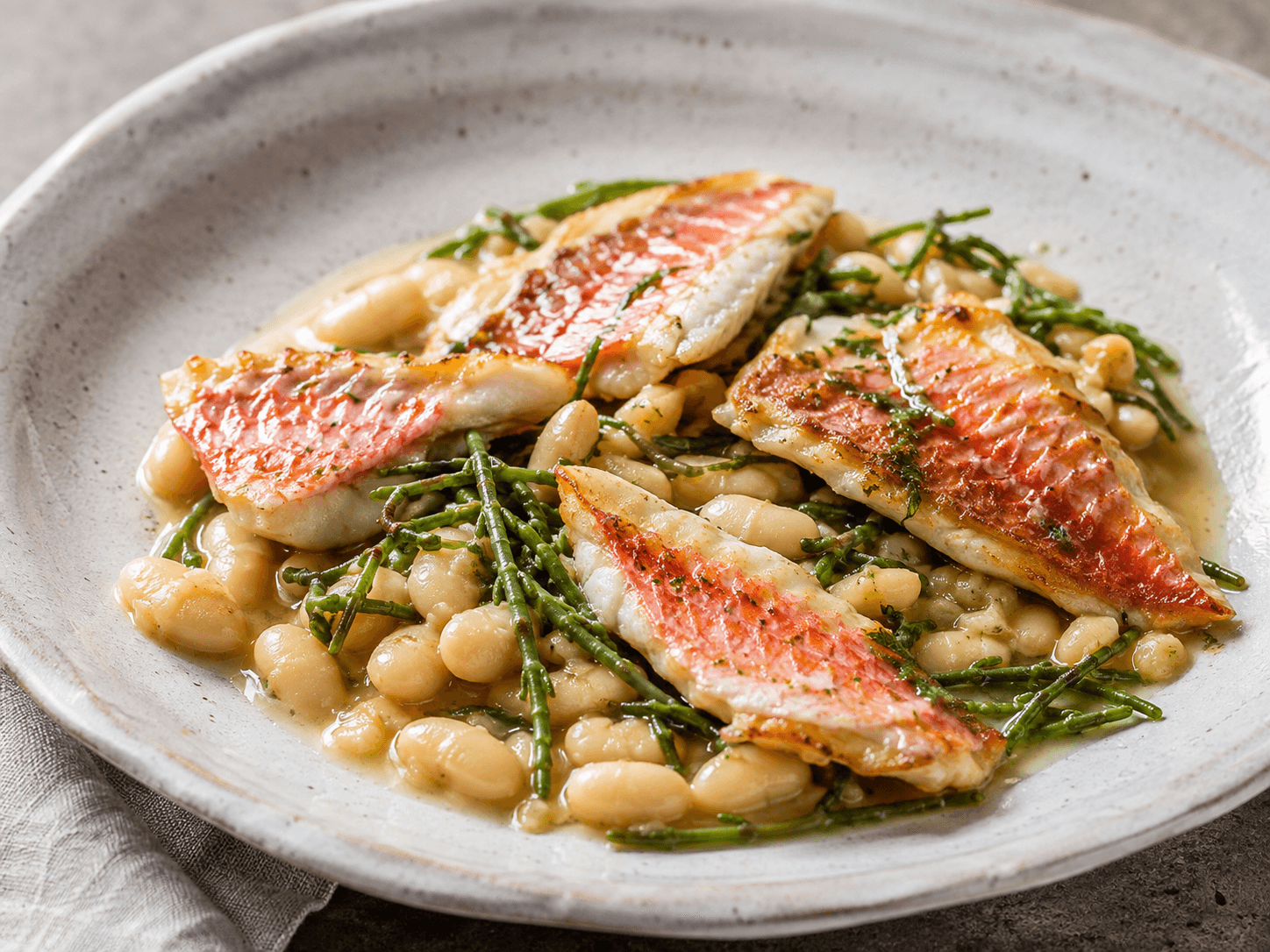 Alubias navy con salmonetes y salicornia