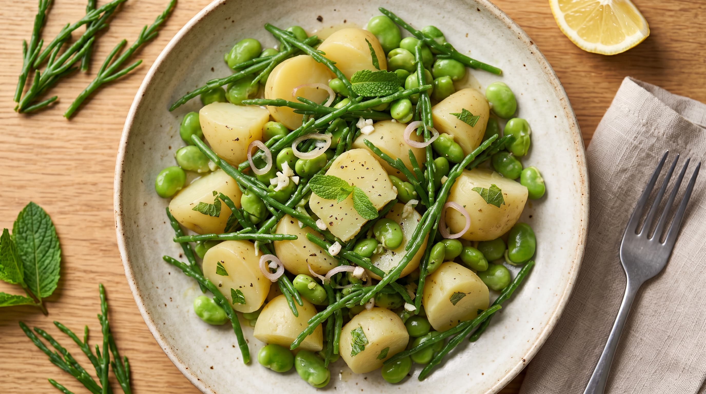 Ensalada templada de patata, habas y salicornia