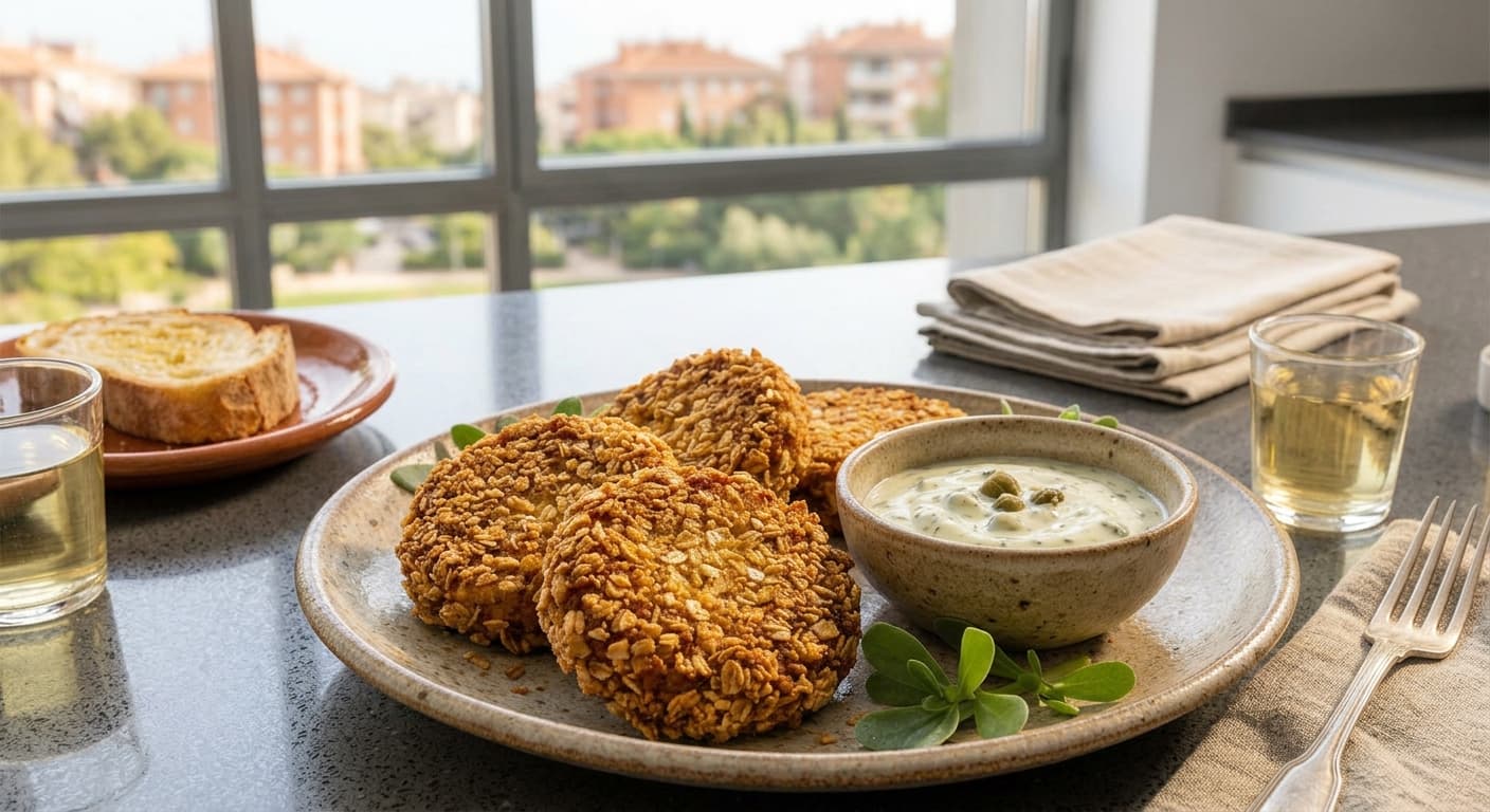 Tortitas de caballa ahumada y verdolaga marina rebozadas con avena